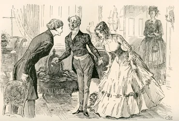 David möter Dora och Miss Murdstone. "Mr Copperfield, min dotter Dora och min dotter Doras förtroliga vän, Miss Murdstone!". Illustration av Harry Furniss till Charles Dickens-romanen David Copperfield, från The Testimonial Edition, publicerad 19
