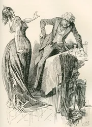 Edith och herr Carker. ”Han kom glatt emot henne, när hon i ett ögonblick tog kniven från bordet och tog ett steg tillbaka. ’Stå stilla’, sade hon, ’annars mördar jag er!’” Illustration av Harry Furniss till Charles Dickens roman