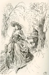 Miss Haredale. Illustration av Harry Furniss till Charles Dickens-romanen Barnaby Rudge, från The Testimonial Edition, publicerad 1910.