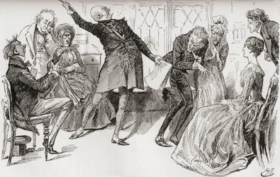 Mr. Micawber uppnår Heeps fall. "Den triumferande blomstring med vilken Mr. Micawber befriade sig från orden, hade en kraftfull effekt i att skrämma modern, som ropade mycket upprörd: "Ury! Ury! Var 