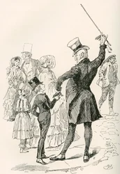 Mr. Micawber tar hem David. "Vi gick till vårt hus tillsammans, Mr. Micawber imponerade på namnen på gator och formerna på hörnhus på mig, medan vi gick." Illustration av Harry Furniss till Charles Dickens roman David Copperfield, från