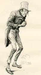 Newman Noggs. Illustration av Harry Furniss till Charles Dickens-romanen Nicholas Nickleby, från The Testimonial Edition, publicerad 1910.