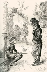 Oliver faller in med The Artful Dodger. "Hej, min covey, vad är raden?" sa denna märkliga unge herre till Oliver. "Jag är mycket hungrig och trött," svarade Oliver; tårarna stod i hans ögon när han pratade. "Jag har gått en lång väg. Jag har gått