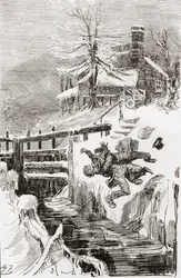 Dödskampen i låset. "Har jag inte sagt till dig." "Jag håller dig levande och jag håller dig död." ropade Bradley när Riderhood gick över den släta gropen baklänges, och Bradley Headstone över honom." Illustration av Harry Furniss till Charles Dickens-roma