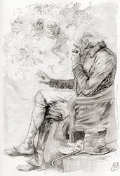 Trottys dröm. "Hade Trotty drömt? Eller är hans glädje och sorg, och skådespelarna i dem, men en dröm; själv en dröm; berättaren om denna berättelse en drömmare, vaknar men nu?" Illustration av Harry Furniss för novellen The Chimes from the Christmas Book