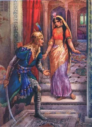 När hon fick syn på Rama rusade hon fram. Från Rama och Sitas äventyr, illustration från "Childrens Stories from Indian Legends", ca 1930-talet (färglitografi)