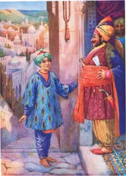 Han begärde audiens hos storvesiren. Från Pojken som kunde se fotspår, illustration från "Childrens Stories from Indian Legends", ca 1930-talet (färglitografi)