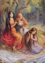 Hladgrun, Olrun och Alvit, illustration från "The Wayland Smith" illustrerad i "Northern Legends" av Raphael Tuck (pub) (färglitografi)