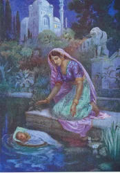 Kunti vågade inte vara olydig. Från de äventyrliga bröderna, illustration från "Childrens Stories from Indian Legends", ca 1930-talet (färglitografi)