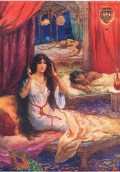 Pabhavati vaknade med ett ryck. Från den hårdhjärtade prinsen, illustration från "Childrens Stories from Indian Legends", ca 1930-talet (färglitografi)