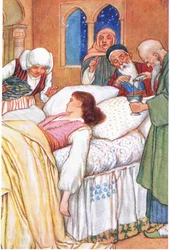 Prinsessan Aldebonda och hennes läkare (ur berättelsen (Kärlekens pilgrimer), illustration från "Tales of Alhambra", ca 1940 (färglitografi)