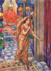 Hon flydde från åhörarläktaren. Från minnesringen, illustration från "Childrens Stories from Indian Legends", ca 1930-talet (färglitografi)