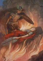 Sigurd och Brynhild, från "Volsungarnas svärd" (färglitografi)
