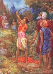 "Skrik då", ropade den gamle mannen motvilligt. Från Adventurous Brethren, illustration från "Childrens Stories from Indian Legends", ca 1930-talet (färglitografi)