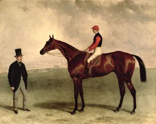 Gladiateur med Harry Grimshaw i sadeln och sin ägare, greve Frederic de Lagrange, 1865