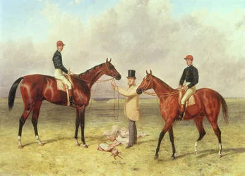 L till R Lord Lyon, vinnare av Derbyt, St. Leger och 2 000 guineas; Elland, vinnare av Ascot Gold Vase, ägd av Sir R. Sutton, tränad av James Dover, 1866