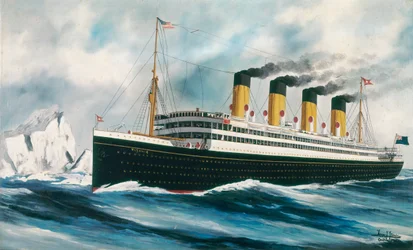 Passagerarfartyget "Titanic" (1912) på väg i Nordatlanten förbi isberg