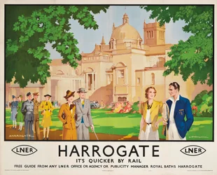 Harrogate, dess snabbare med tåg, affisch som annonserar tågresor
