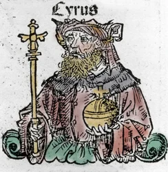 Cyrus II (529 f.Kr.), känd som Cyrus den store, grundare av det persiska riket, Xylography of "" Chronicles of Nürnberg"" av Hartmann Schedel
