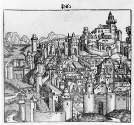 Pisa efter "Liber Chronicarum" av Hartmann Schedel. Nürnberg 1493