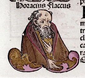Porträtt av Horace (Quintus Horatius Flaccus) (65-8 f.Kr.), latinsk poet. I "The Book of Chronicle" av Hartmann Schedel. 1497