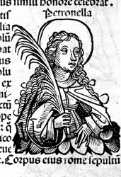Porträtt av Saint Petronilla. Xylografi efter "The Nuremberg Chronicles" av Hartmann Schedel. Nürnberg 1497