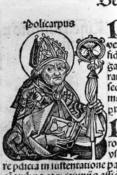 Porträtt av Sankt Polykarpus av Smyrna (ca 69-155), eveque. Gravyr från "" Chronicles of Nürnberg"" av Schedel Hartmann (1440-1514)