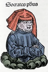 Porträtt av Sokrates (470-399 f.Kr.), grekisk filosof. Xylografi av "" Chronicles of Nuremberg"" av Hartmann Schedel