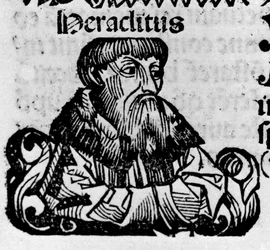 Porträtt av den grekiske filosofen Heraklit från Efesos (Heraklitus från Efesos, 576-480 f.Kr.). Xylografi av "" Chronicles of Nuremberg"" av Hartmann Schedel