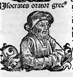 Porträtt av högtalaren Isorate (436-338 f.Kr.). Xylografi av "" Chronicles of Nuremberg"" av Hartmann Schedel