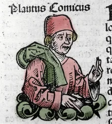 Porträtt av serieförfattaren Plaute (Titus Maccius Plautus) (259/251-184 f.Kr.) Xylografi av "" Chronicles of Nürnberg"" av Hartmann Schedel