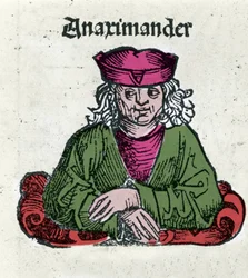 Representation av Anaximandros eller Anaximander De Miletus (610 - 547 f.Kr.), grekisk filosof, matematiker och astronom Xylography of "" Chronicles of Nuremberg"" av Hartmann Schedel