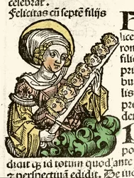 Representation av Saint Felicite, martyrskap i Rom med sina sju barns huvuden. xylografi av Hartmann Schedel "" Chronicles of Nuremberg""" 1493.