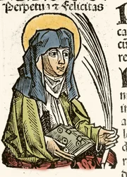 Representation av Saint Perpetuus, martyrskap i Kartago. xylografi av Hartmann Schedel "" Chronicles of Nuremberg"" 1493.