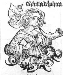 Representation av Pythia av Delphi. Xilografi från "Liber chronicarum" av Hartmann Schedel, Nürnberg 1497