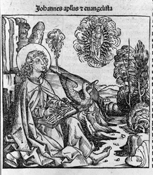 Representation av evangelisten Saint John. Gravyr från "Liber chronicarum" (Nürnbergskrönikor) av Hartmann Schedel 1493