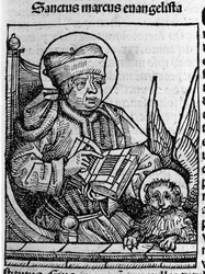 Representation av evangelisten Sankt Markus. Gravyr från "Liber chronicarum" (Nürnbergskrönikor) av Hartmann Schedel 1493