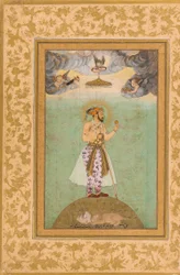 Kejsaren Shah Jahan stående på en jordglob