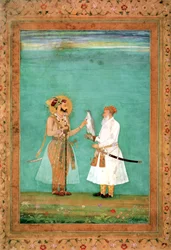 Kejsar Shah Jahan och en äldre hovman med en falk, ca 1650