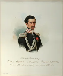 Porträtt av greve Sergey Illarionovich Vasilchikov 1822-1860 från albumet av de kejserliga hästvakterna, 1846-1849