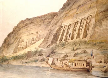 Abu Simbel sedd från Nilen. Akvarell av Hector Horeau (1801-1872), fransk arkitekt. Närmast ligger Hathors tempel. Längst bort statyer av Ramses II (styrde ca 1304-1273 f.Kr.) utanför huvudtemplet. Arkeologi Egyptisk husbåt