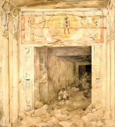 Ruin av templet i Esneh (Esne), Övre Egypten. Akvarell av Hector Horeau (1801-1872) fransk arkitekt.