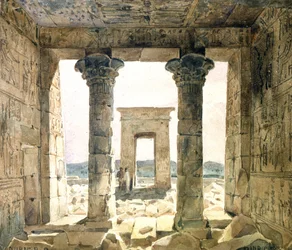 Ruinerna av tempelkomplexet vid Dendera: Utsikt mellan två kolonner mot portalen (pylon). Akvarell av Hector Horeau (1801-1872) fransk arkitekt.