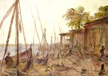 Utsikt över Nilen. Akvarell av Hector Horeau (1801-1872), fransk arkitekt. Floden ses genom båtar som ligger förtöjda vid kaj. Egypten.