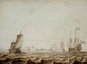 En Wijdschip som sänker segel i ett upprört hav, mitten av 1600-talet (olja på pannå)