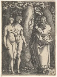 Gud till höger förbjuder de nakna Adam och Eva till vänster att äta från kunskapens träd i..., 1540.