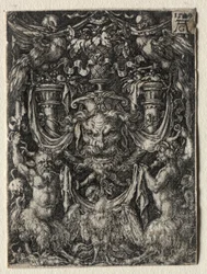 Ornamentdesign med en mask och en örn mellan två fauner nedan, 1509.