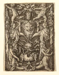 Prydnad med mask och groteska figurer