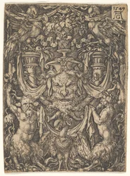Ornamental design med en mask och en örn mellan två fauner nedan, 1549.