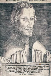 Porträtt av Philip Melanchthon eller Philipp Schwarzerd (1497-1560), tysk humanist och teolog, gravyr av Heinrich Aldegrever (1502-ca 1561)
